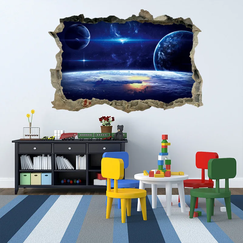 

3D Outer Space Galaxy Planet Wall Stickers for Kids Children Bedrooms Decals Broken Wall Starry Twin Star Home Decor 45*60cm