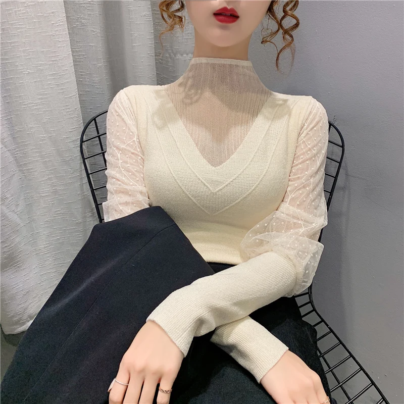 

Room 197493, row 9, No.3 middle] real shot velvet half high collar net lace stitching T-shirt 57