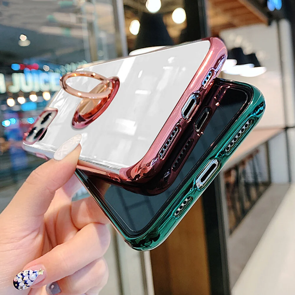 For iPhone 11 Case Luxury Metal Grip Ring Holder Plated Cover for iPhone 13 14 Pro Max 12 7 8 Plus XR X XS 13 mini SE 2020 Case