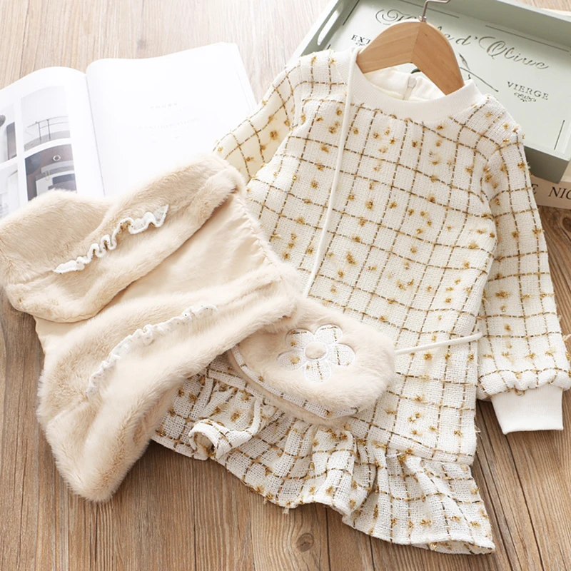 LarLarBoom Fashion Girls Dress Cotton Linen + Lace Vest Bag 3pcs Kids Dresses for Winter Plus Velvet Girl | Детская одежда и обувь