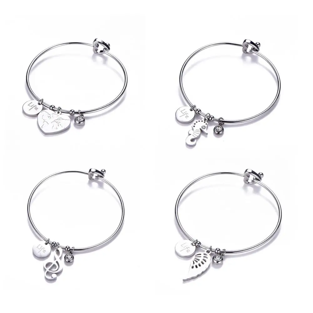 

Stainless Steel Love Heart Map Wings Charms Bracelet For Women Life Engrave Cuff Bangles Jewelry Punk pulseira Party Gifts 2020