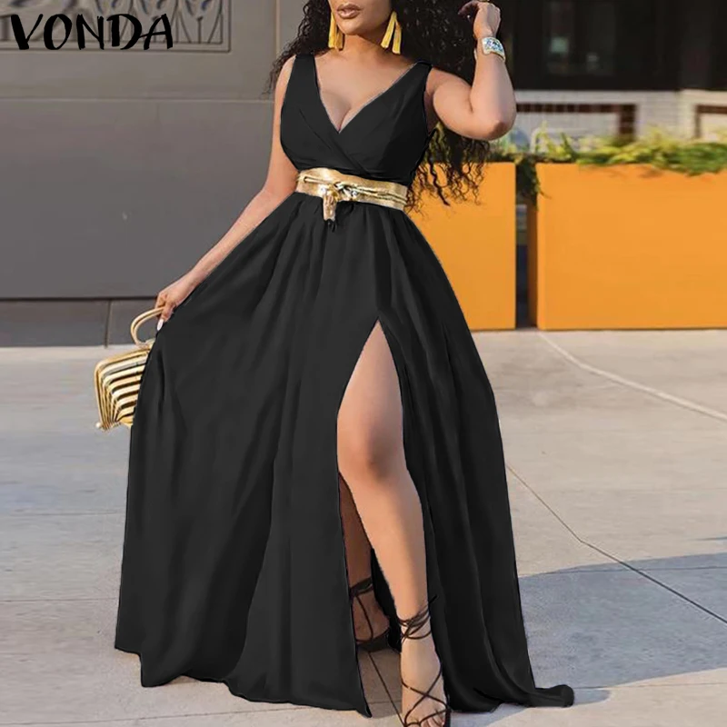 

VONDA Women Summer Dress Sexy Side Slit Holiday Tank Dresses Women Sleeveless Deep V Neck Bohemian Party Vestidos Oversized Robe