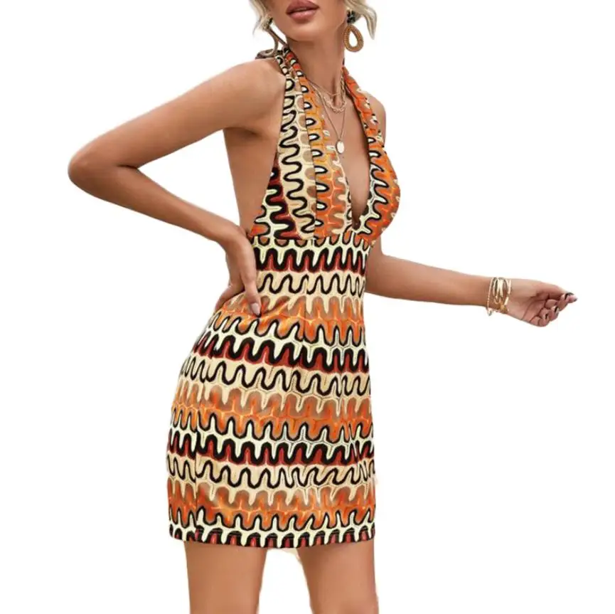 

Женское летнее богемное платье без рукавов с принтом и глубоким V-образным вырезом