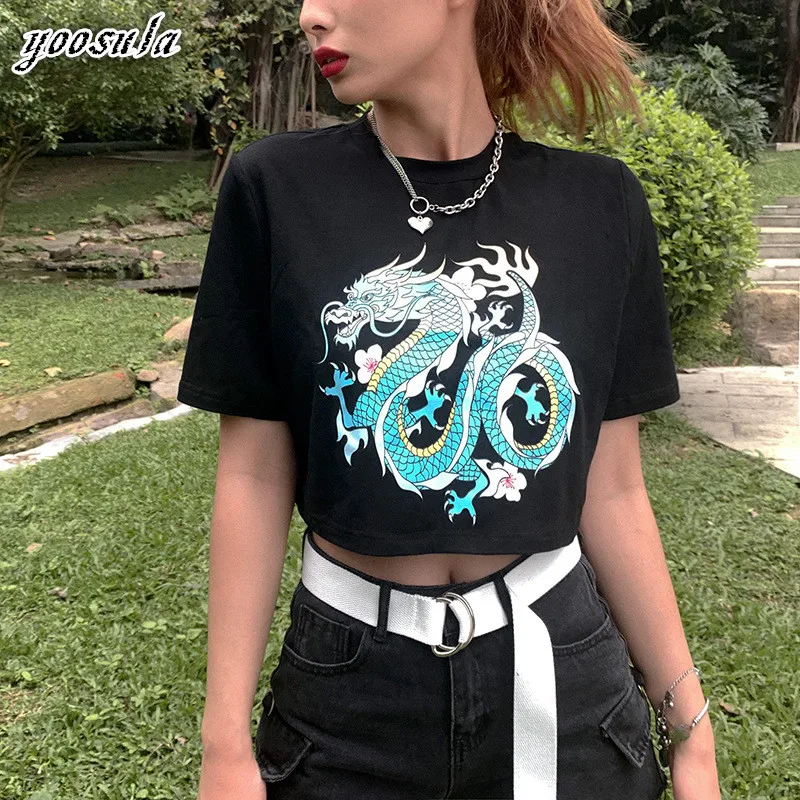 Женский хлопковый топ с принтом дракона коротким рукавом | Женская одежда