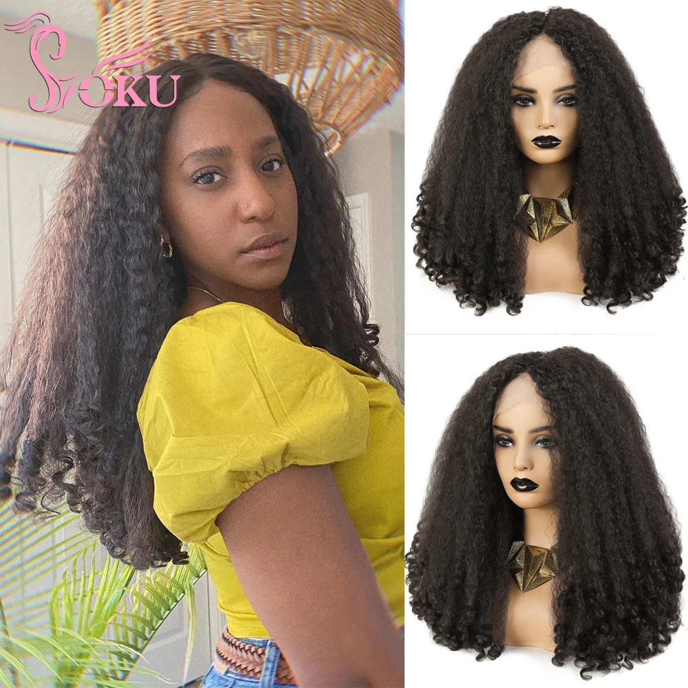 

SOKU Synthetic Wigs Middle Part Lace Wig 20 inch Long Bouncy Spring Curly Yaki Straight Hair For Afro Women Fluffy Hairstyle