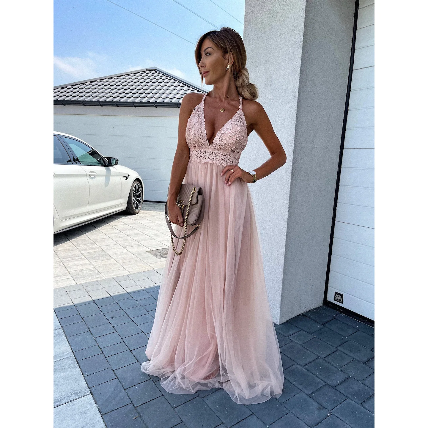 

V-neck Hook Flower Hollow Holiday Mesh Summer Dress for Women2021 Backless Night Party Camisole Maxi Dresses Big Swing Vestidos