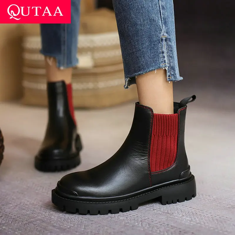 

QUTAA 2022 Slip On Ankle Boots Cow Leather Ladies Boot Mixed Color Autumn Winter Med Heel Elegant Women Shoes Size 34-39