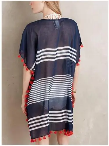 

Women Bikini Cover Up Striped Hip Length Short Sleeve Bikini Cover Up V-Neck Tassel Loose Dress for Swimming Suits