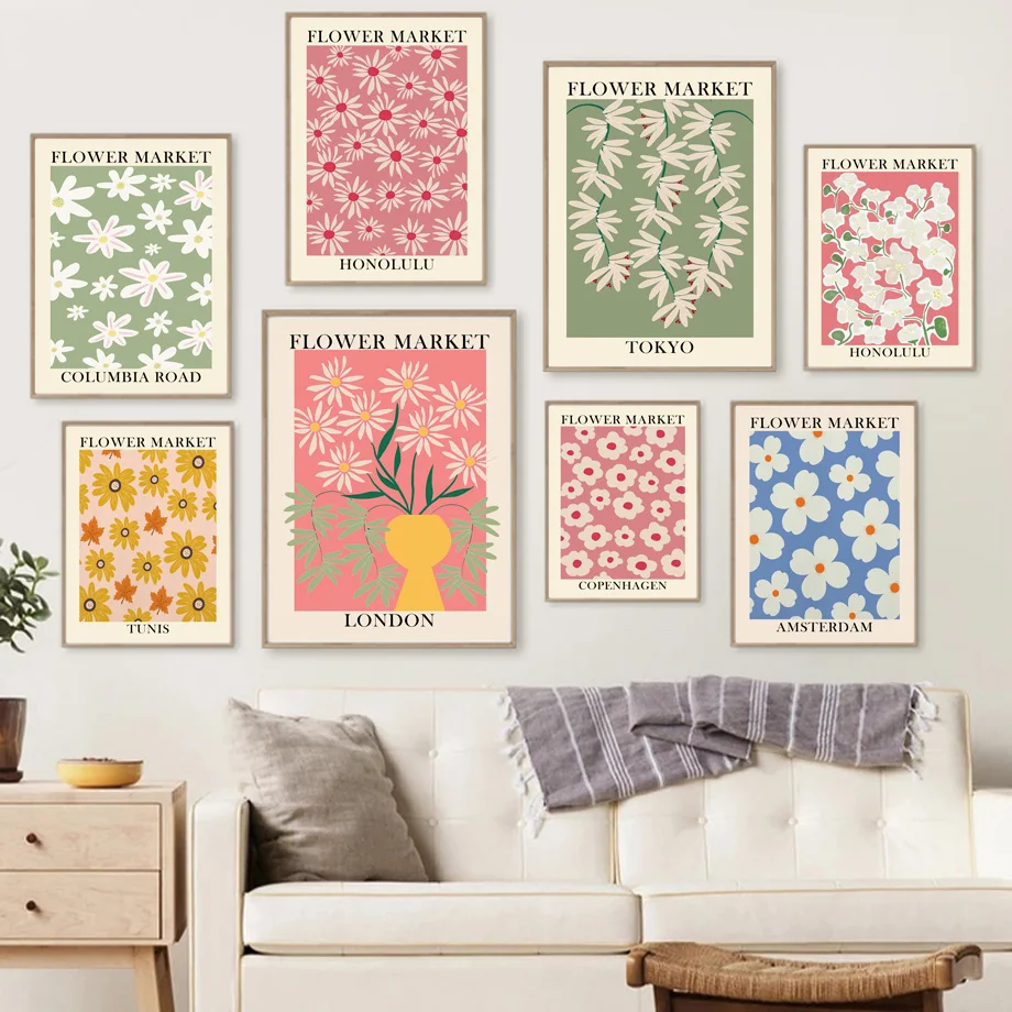 

Nordic poster abstract flower market retro minimalist mural canvas oil painting prints living room decoration painting wall