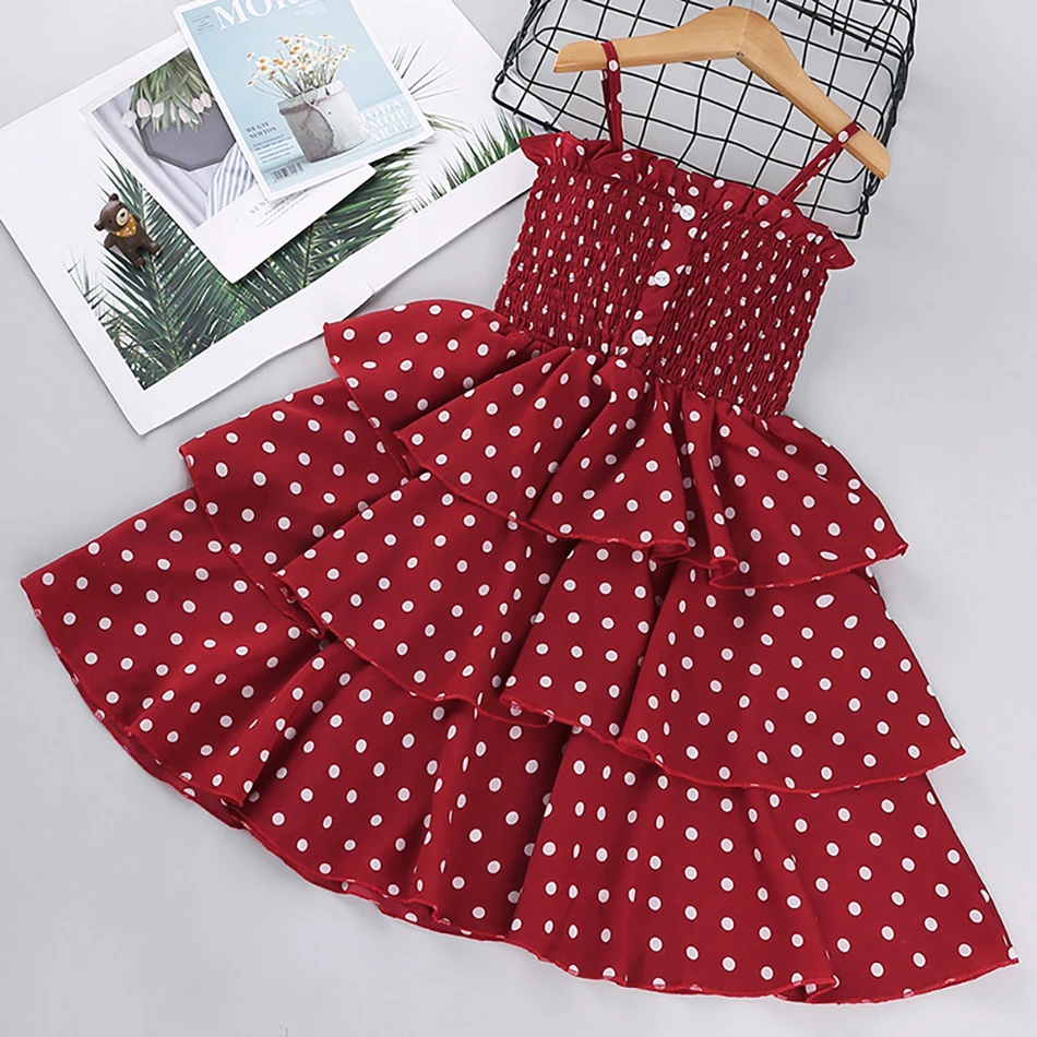 

Girls Dresses 2021 Summer Teenagers Dot Sling Princess Elegant Children Kids Clothes Girl Cake Layered Dress 2 4 8 10 Years