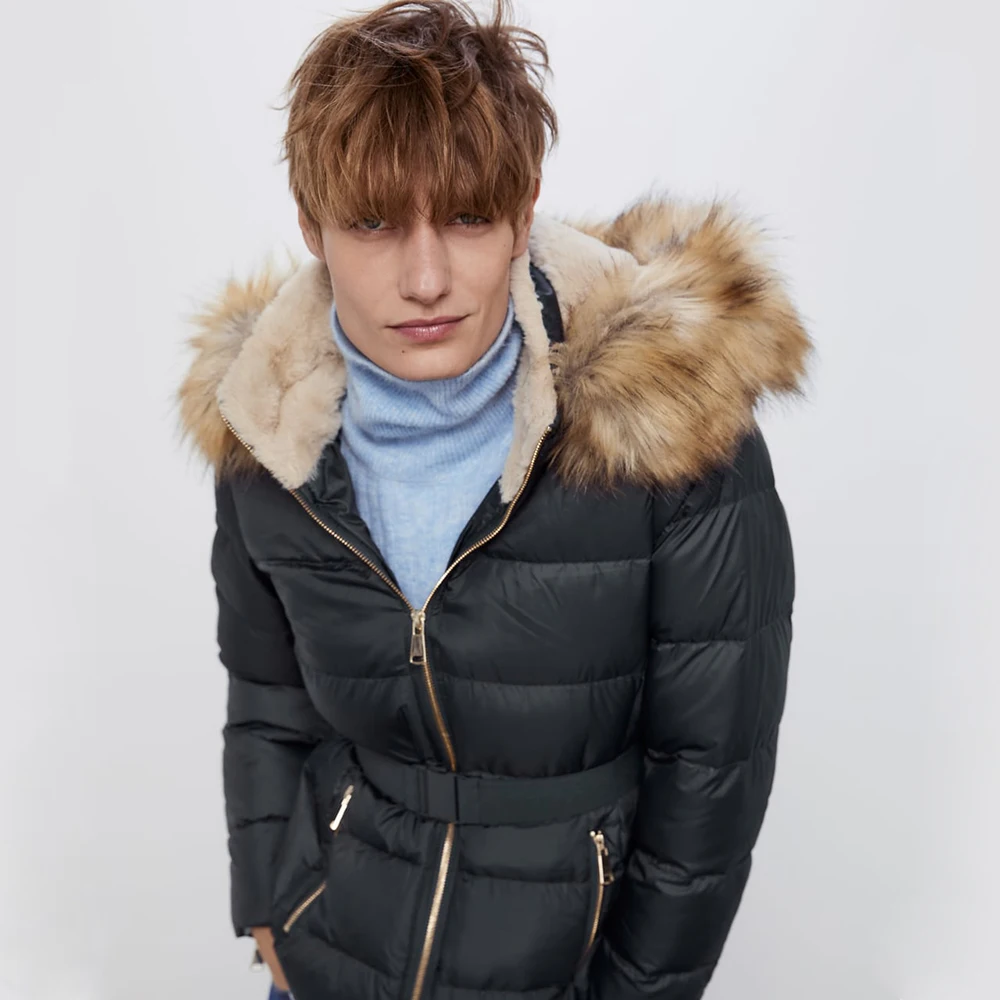 ZA Женская Двухцветная зимняя хлопковая одежда Повседневная С Капюшоном