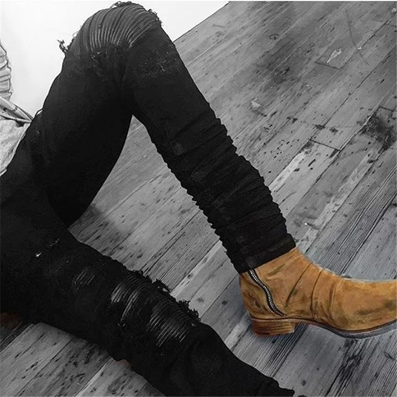 Stretch Black Blue Fashion Pleated Hip Hop Denim Pant New Men Skinny Ripped Biker Jeans Joggers Destroyed Holes Pants plus size | Мужская