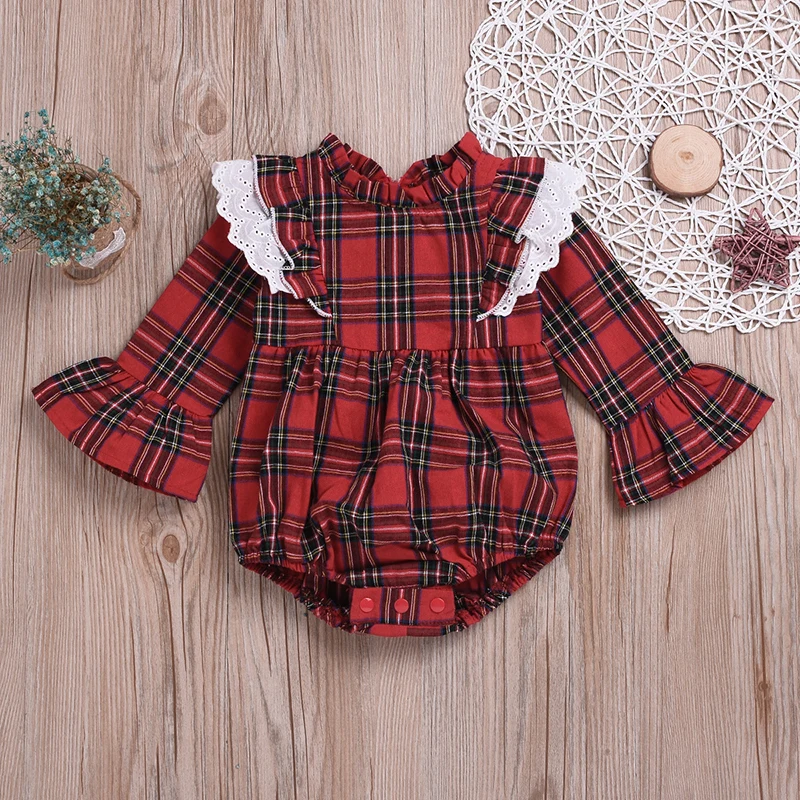 

2020 TALLOLY New Spring Girl Red Plaid Sister Dress Lace Flared Sleeve Romper