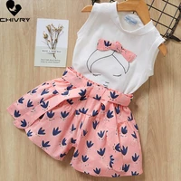 two piece girls clothing sets summer 2022 baby girl bowknot sleeveless o neck t shirts tops with print shorts kids clothes suit