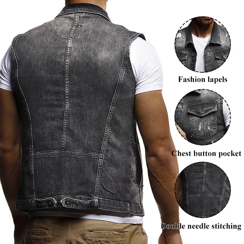 

2020 Men Slim Fit Sleeveless Jeans Jacket Summer Fashion Classic Denim Vest Black Turn-down Collar Jeans Waistcoat