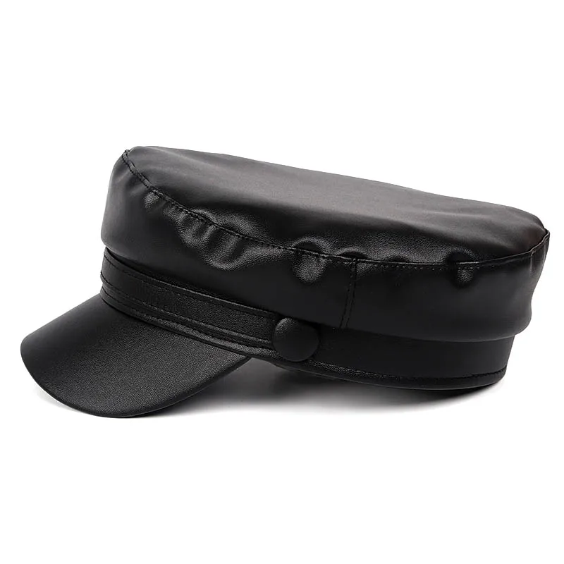 Осень 2020 военная шляпа женская модная кожаная плоская кепка черная Мода Casquette Femme
