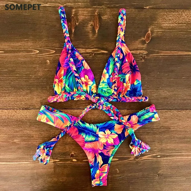 

Комплект бикини женский с чашками пуш-ап, однотонный купальный костюм с принтом, бразильский комплект для плавания, пляжная одежда, 2021