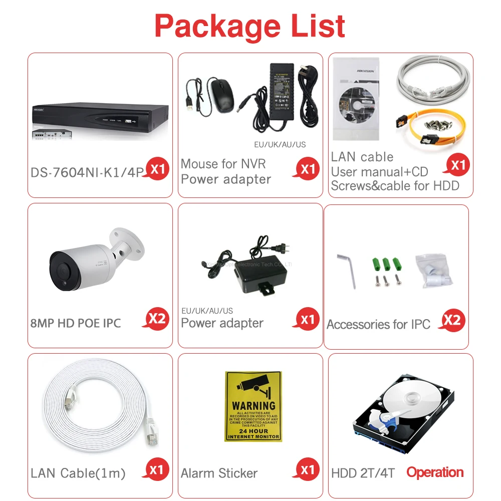 

Hikvision NVR KITS 4CH CCTV System Ultra 8MP Outdoor Security POE Camera with 4 POE NVR DS-7604NI-K1/4P Video Surveillance Kits