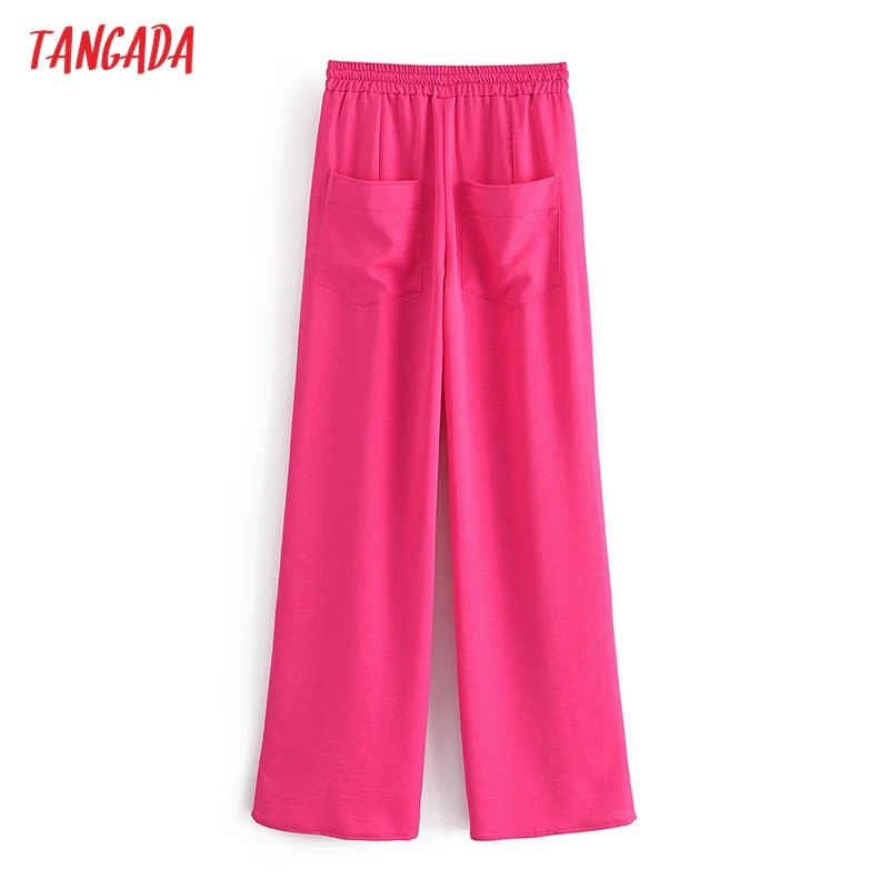 

Tangada Fashion Women Pink Wide Leg Suit Pants Trousers Bow Strethy Waist Office Lady Pants Pantalon 3W110