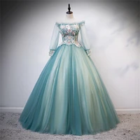 slash neck embroidery applique color yarn beading long wedding evening dresses women luxury green party gowns