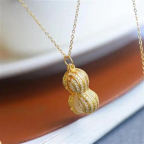 

S925 Sterling Silver Hetian Jade Peanut Necklace Silver Diamond-Embedded High-Rise Pendant Peanut Clavicle Chain Pendant New Pro