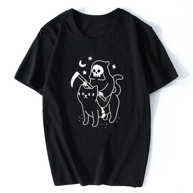 

Death Rides A Black Cat Reaper Funny Vintage Men Horror Skull T-Shirt Harajuku Streetwear Funny Vogue Aesthetic Cotton Tshirt
