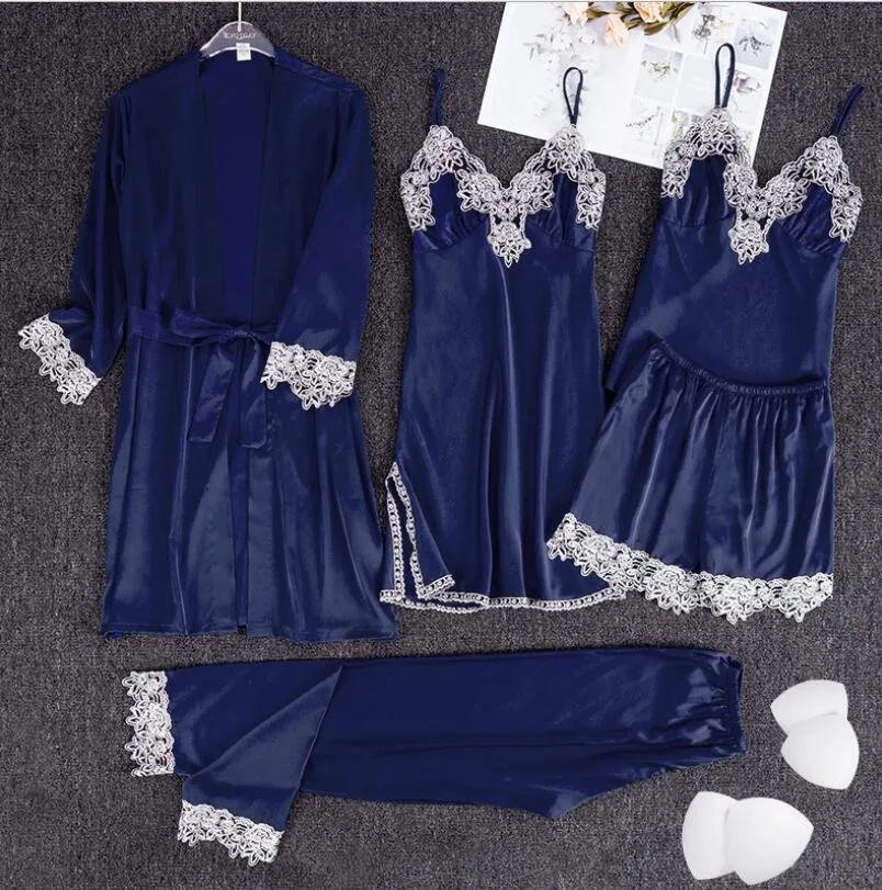 

Rayon Sleepwear Intimate Lingerie Sexy Lace Kimono Bathrobe Gown 5PCS Women Pajamas Set Nightgown Satin Geisha Spa Wear M-XXL