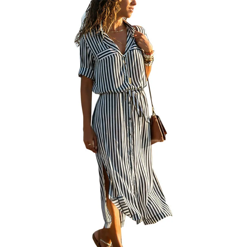 

2021 New Striped Shirt Woman Dress Sashes Vintage Black White Autumn Long Sleeve Fahion Chiffon Big Size Dresses Vestidos Mujer