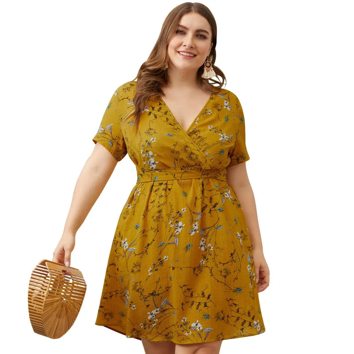 

Big Size Summer Dress Women's High Waist Short Sleeve Large Size Yellow Floral Print Woman Vestidos V-neck Casual Spring Dresses