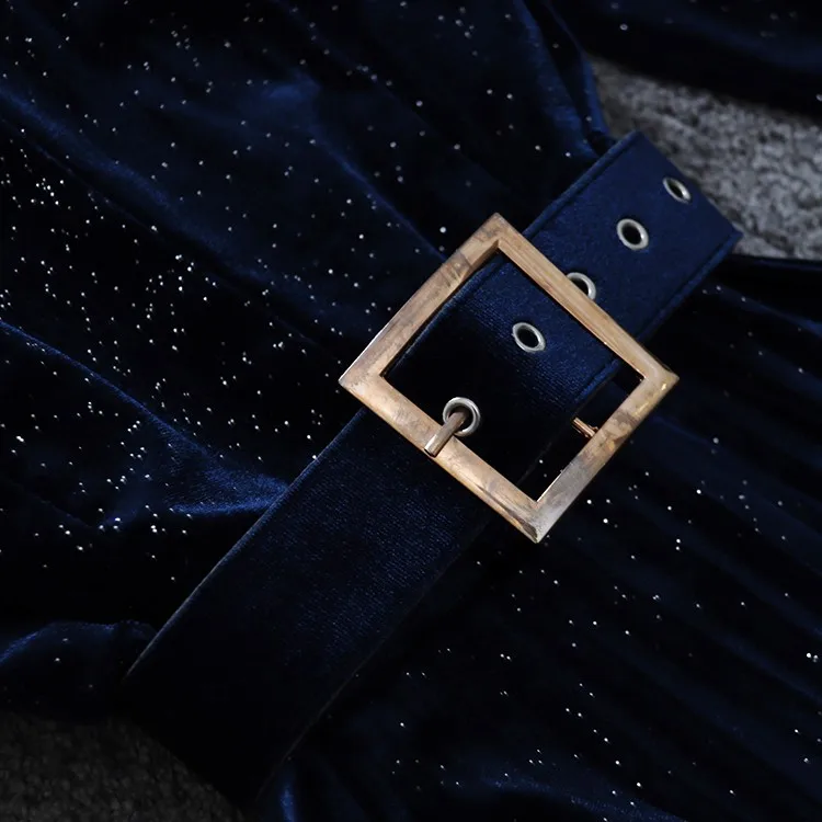 Темно-синие велюр модное женское платье шикарное с длинными рукавами-фонариками