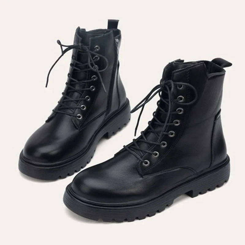 Женские черные ботильоны обувь на платформе для женщин кожаные мотоциклетные
