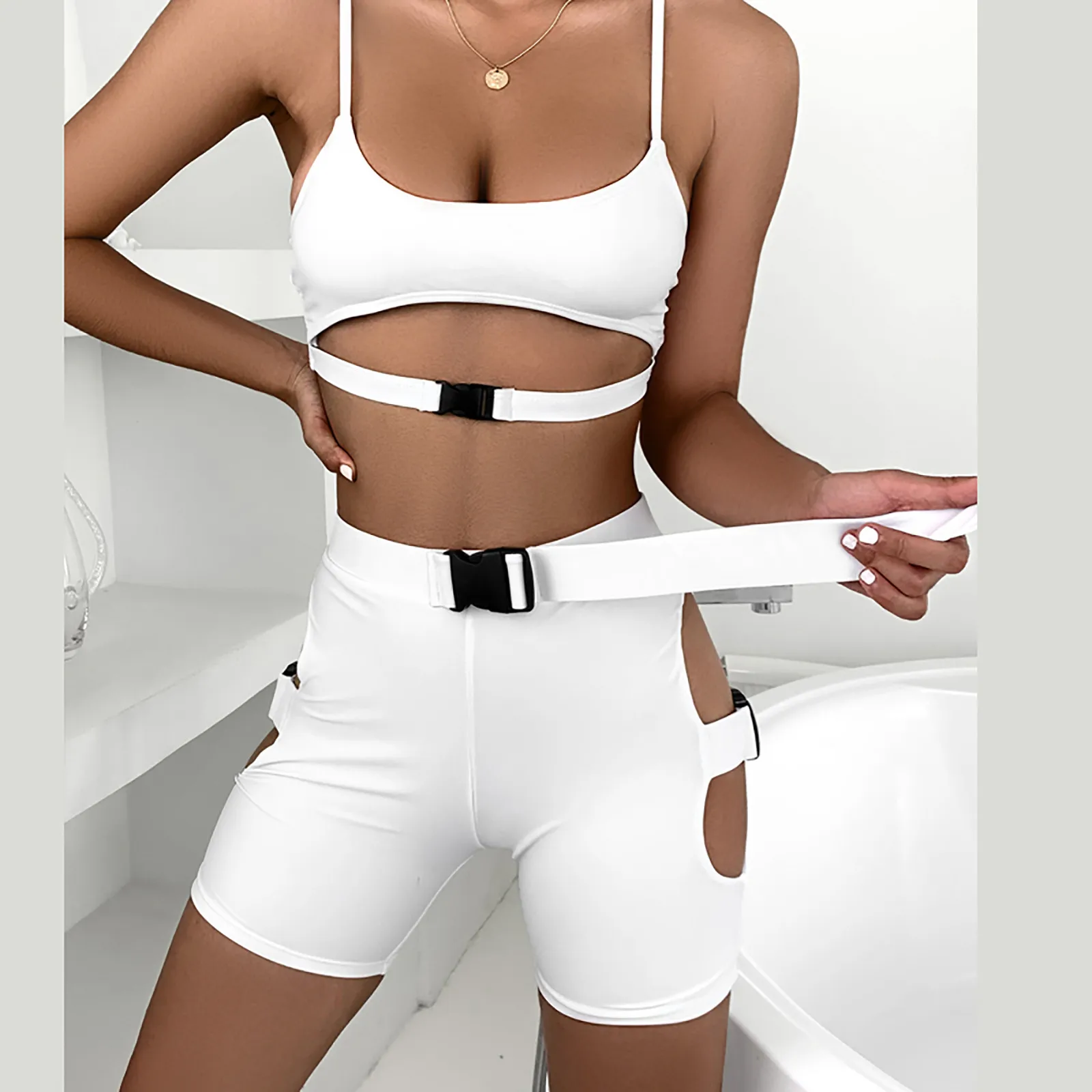 

New Fashion Women Solid Color Swimpant Bikini Set Hollow Buckle Boxer Two Pieces With Chest Pad Swimming Swimsuit bañador mujer