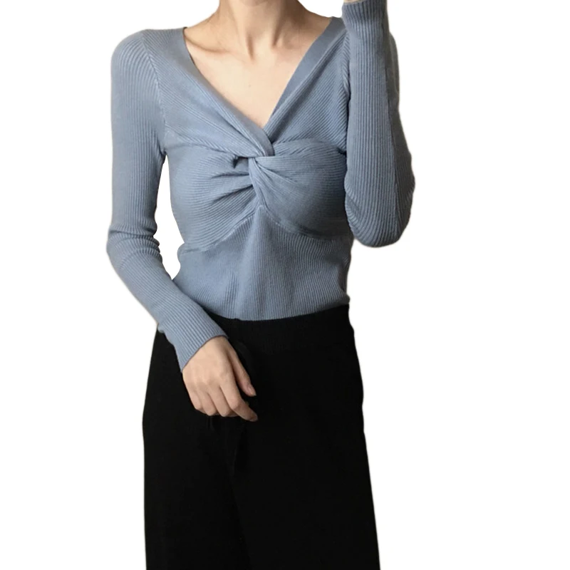 Женский свитер в полоску с длинным рукавом и V-образным вырезом | Женская одежда