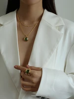brass green stone pendant necklace women jewelry ol designer t show runway party boho elegance top rare trendy japan korean ins
