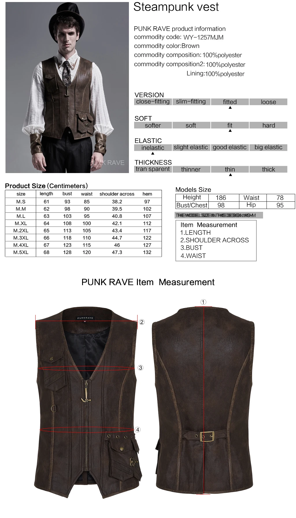 

PUNKRAVE Men's Steampunk Sleeveless Vest Punk Retro V-neck Stage Performance Party Zipper Cardigan Waistcoat