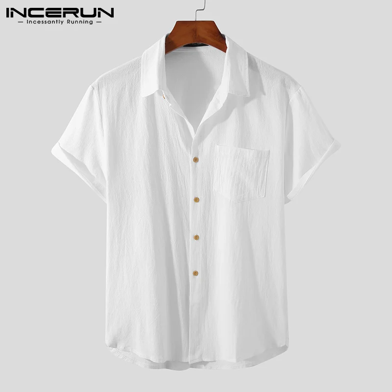 

2021 Summer Men Casual Shirt Lapel Solid Color Cotton Short Sleeve Streetwear Men Clothing Vintage Breathable Camisas INCERUN