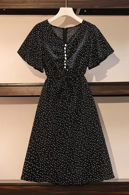 

Large Size Dress 2020 Summer New Short Sleeve Polka Dot Printted Holiday Beach Chiffon Black Dresses Womans Loose Sexy Dress