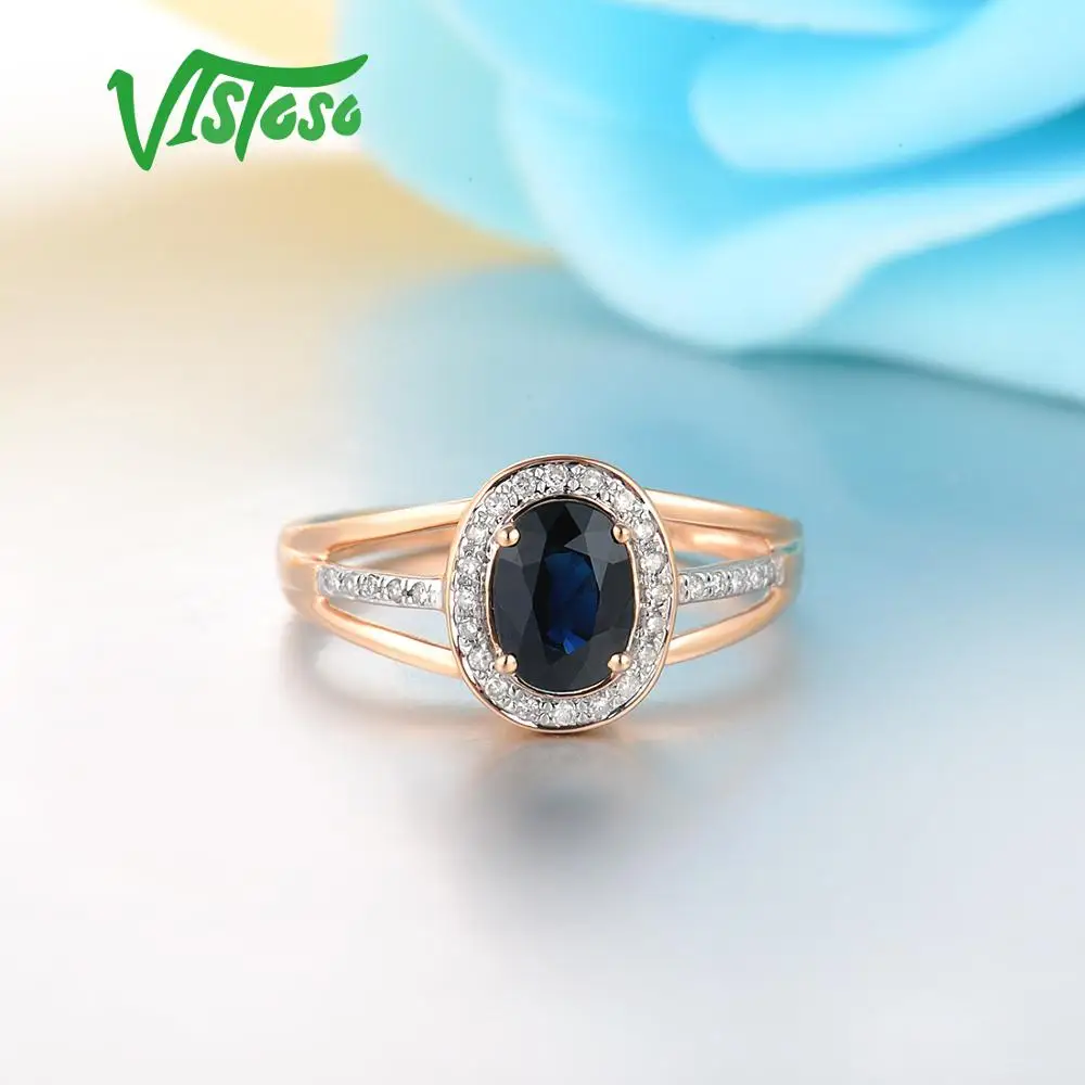 VISTOSO 14K White Gold Rings For Women Genuine Sparkling Diamond Fancy Blue Sapphire Engagement Anniversary Unique Fine Jewelry