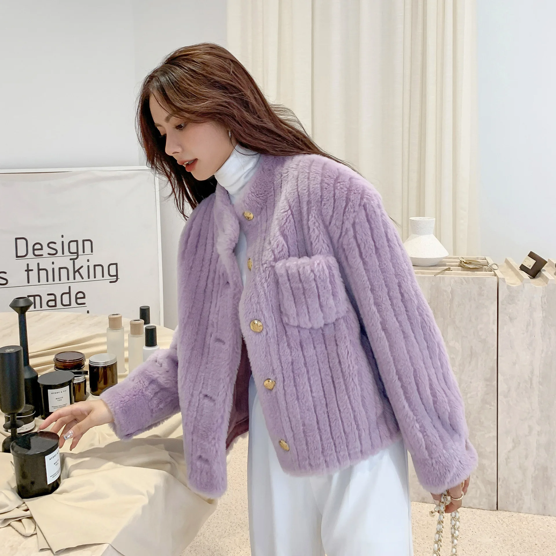 

Winter Warm Double Face Wool Leather Pink Coat Short Stand Collar Fur Lamb Fur Young Single-breasted Jacket for Girl