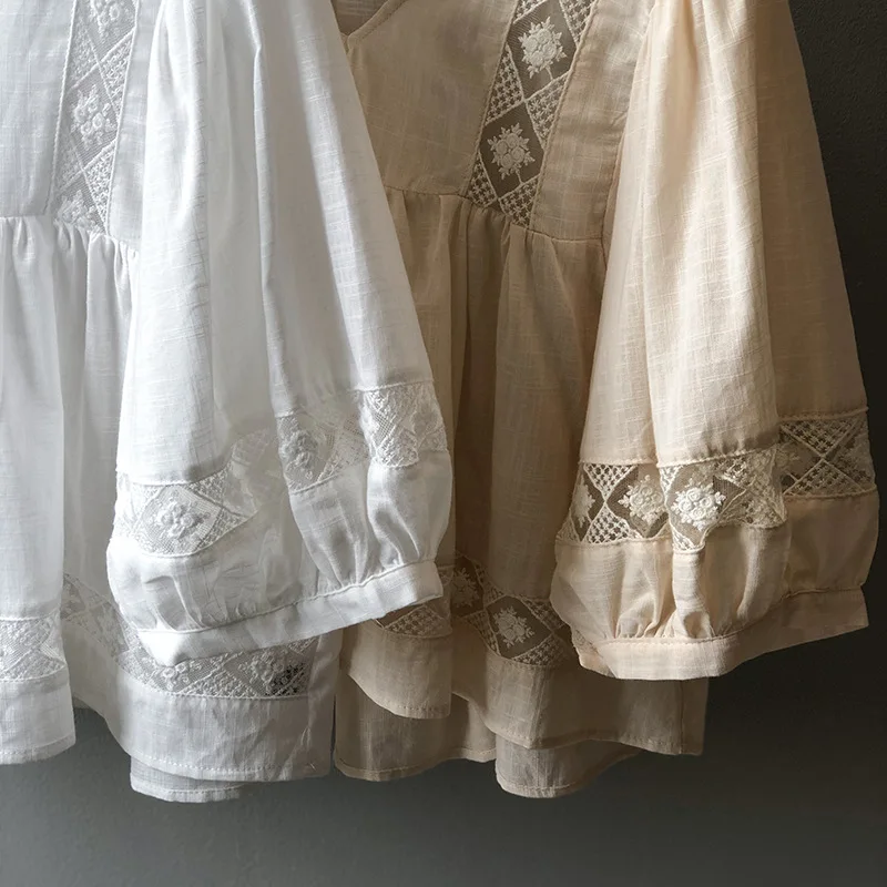 

ZAWAHIKI 2021 Summer Vintage Women's Shirt V-Neck Lace Patchwork Half +sleeve Solid Tops Loose Puff Sleeve Blouse