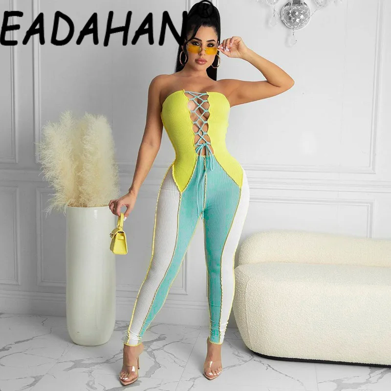 

Eadahan 2021 Women's New Fashion Stitching Contrast Color Sleeveless Tether Strap Tight-fitting Leg-length Jumpsuit