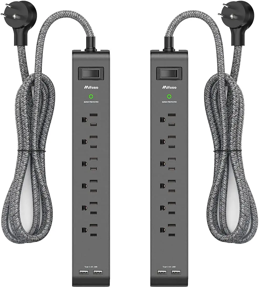

2 Pack Surge Protector Power Strip with 6 Outlets 2 USB Ports 5-Foot Long Heavy-Duty Braided Extension Cords Flat Plug 900