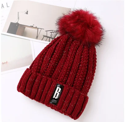 Red wine hat Теплая вязаная зимняя женская шапка для девочек, шерстяные шапочки Skullies с буквой B, бархатная шапка, шапка-маска, Женская Балаклава, шарф, шапка - Цвет: Red wine hat
