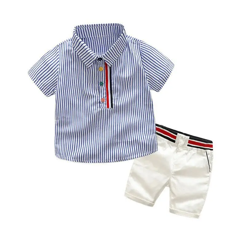 

Boy's Suit Korean Summer Striped Short-sleeved Shirts Elastic Shorts Fashion Birthday Dress Baby Children's Clothing Size90-130