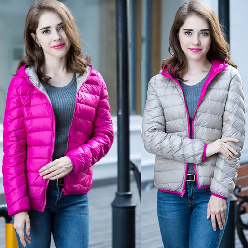 Женская теплая куртка бомбер с капюшоном ультратонкая светильник Двусторонняя