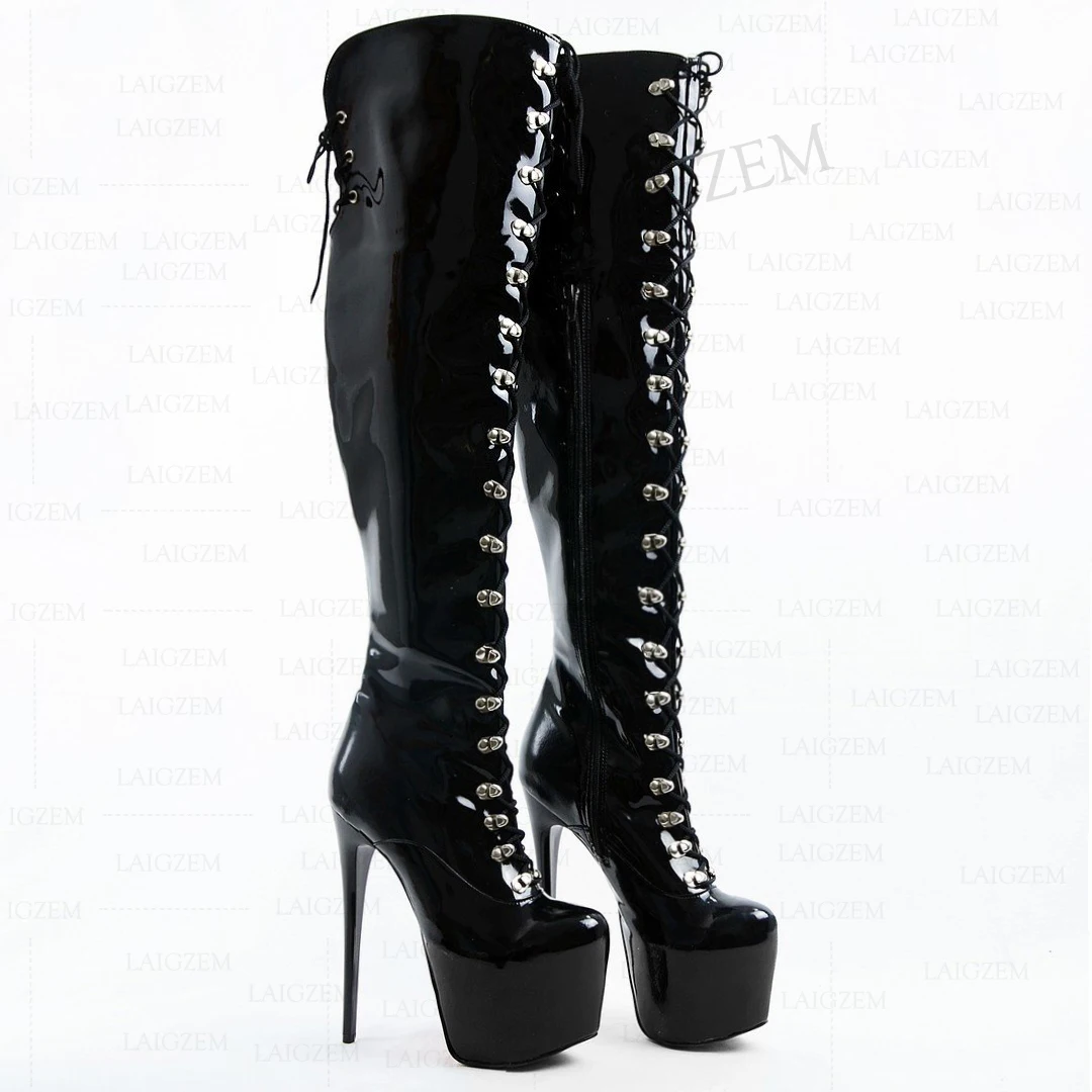 

Женские ботфорты laigзем, черный круглый носок, боковая молния, блестящие высокие каблуки, ботинки, большой размер 41 43 46 52