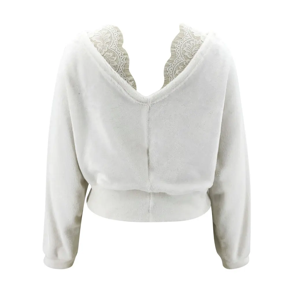 

IZALEWIS Sexy Women Sweater V-neck Solid Lace Flannel All-match Sweater Women England Style Casual Top Womens Winter Sweaters