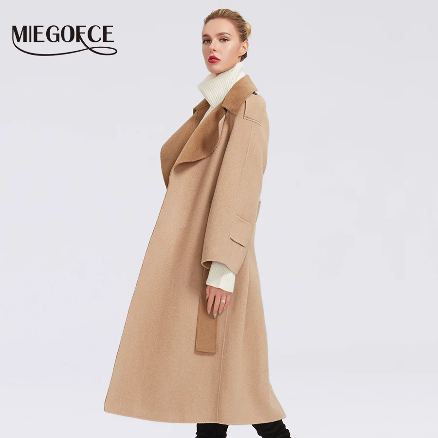 MIEGOFCE осенне-зимнее пальто для женщин; кашемировая куртка; Однотонные плотные пояса длинные шерстяные пальто женские корейские свободные фонари рукав зимние кашемирвое пальто женское Большие размеры Верхняя