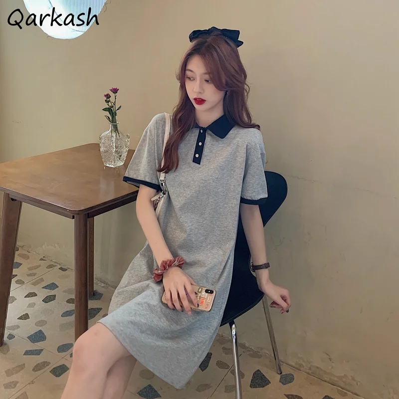 

Patchwork Design Short Sleeve Dress Women Turn-down Collar Chic Mini Vestidos All-match Korean Style Simple Fashion Loose Summer