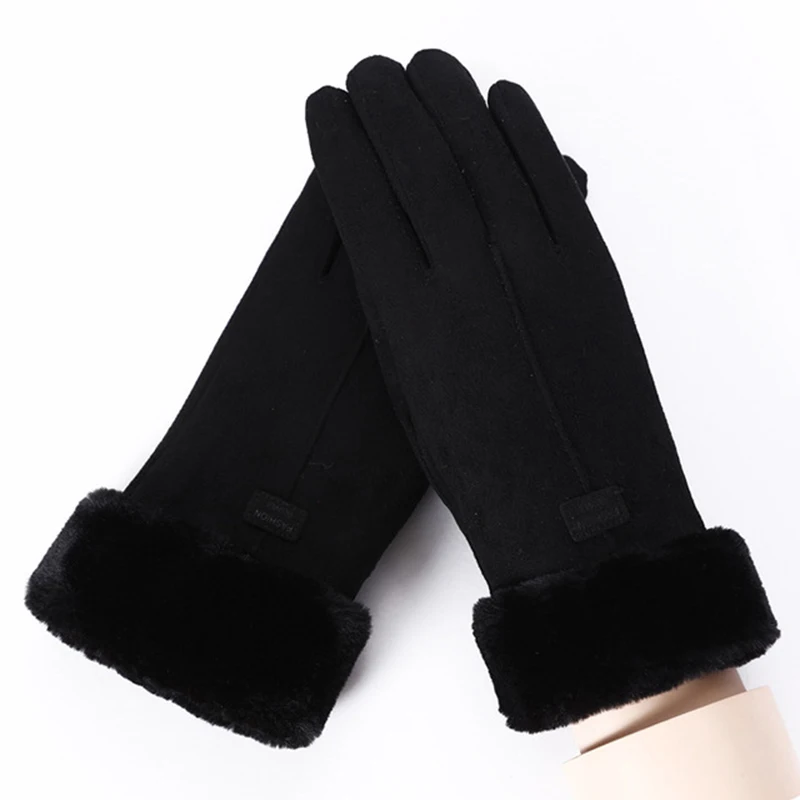 

Non-Slip Full Mitten Winter Warm Wool Gloves Cashmere Suede Plush Wrist Windproof Winter Gloves Women Driving Glovers